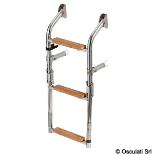 Трап складной 610х247 мм, Ø22 мм, 3 ступени с вставками из дерева ироко нержавеющая сталь AISI316 (арт. 49.566.03)