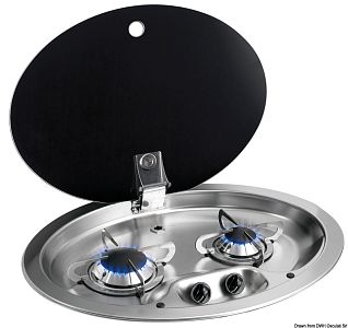 Газовая двухконфорочная варочная панель CAN FC1348 из нержавеющей стали с крышкой из дымчатого стекл