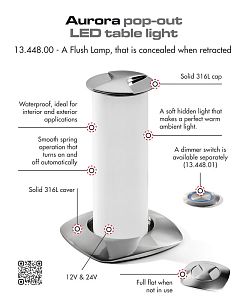 Выдвижной LED светильник Aurora 12/24 В, 7 Вт, 140-222 мм, утапливается вровень с поверхностью (арт. 13.448.00)