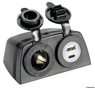 Гнездо прикуривателя + двойной разъем USB-A + USB-C 12/24 В из черного полиамида (арт. 14.516.14)
