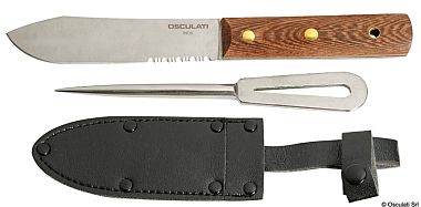 Нож в комплекте со свайкой из нержавеющей стали в кожаных ножнах 240мм с креплением на ремень