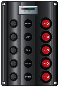 Панель выключателей Wave Design c 5 выключателями и 1 вольтметр 160x107 мм