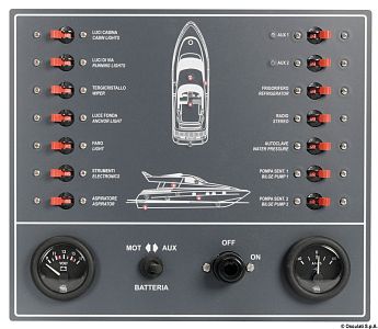 Электрический щиток на 14 нагрузок 12В 15А 327x285мм "катер" с магнитно-гидравлическими выключателям